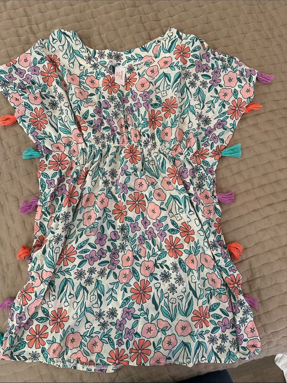 Cat & Jack White Floral Tassel cover-up with Coral, Teal & Purple